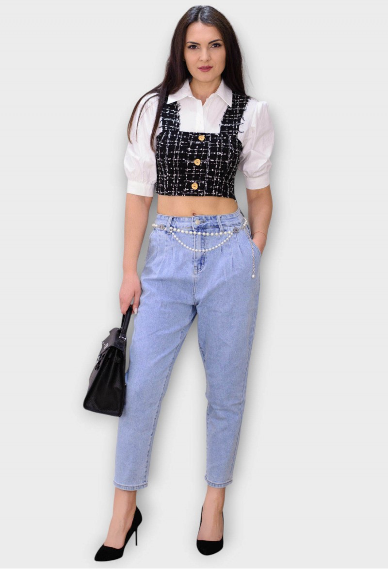 Blugi Albastri Mom Fit cu Talie Inalta si Curea din Perle