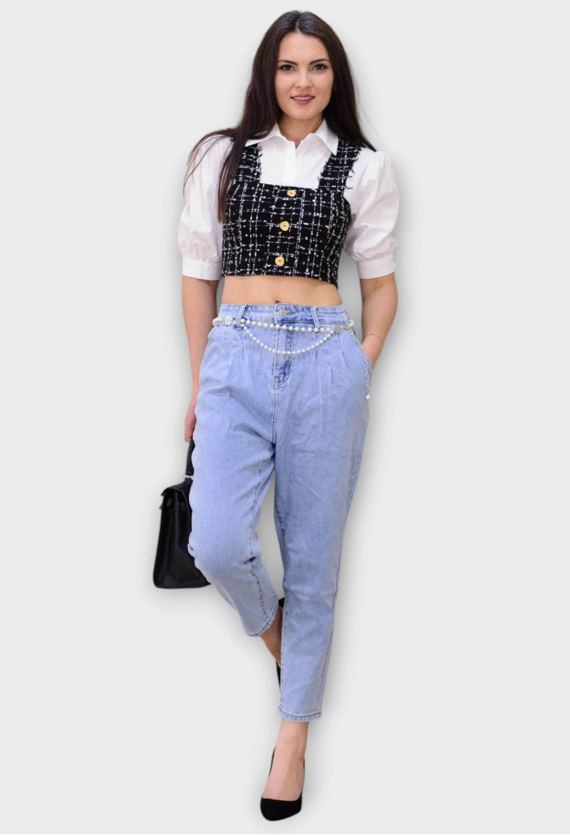 Blugi Albastri Mom Fit cu Talie Inalta si Curea din Perle