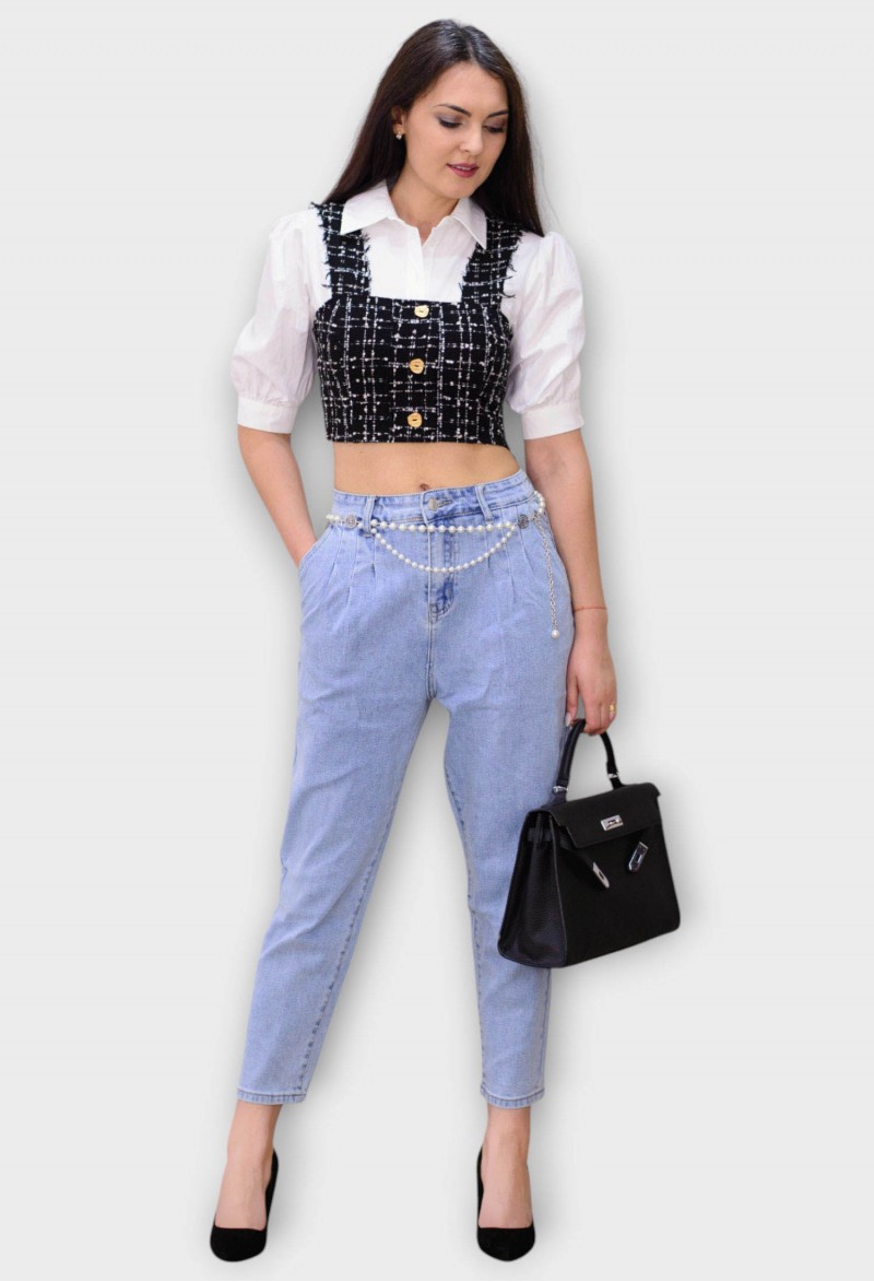 Blugi Albastri Mom Fit cu Talie Inalta si Curea din Perle