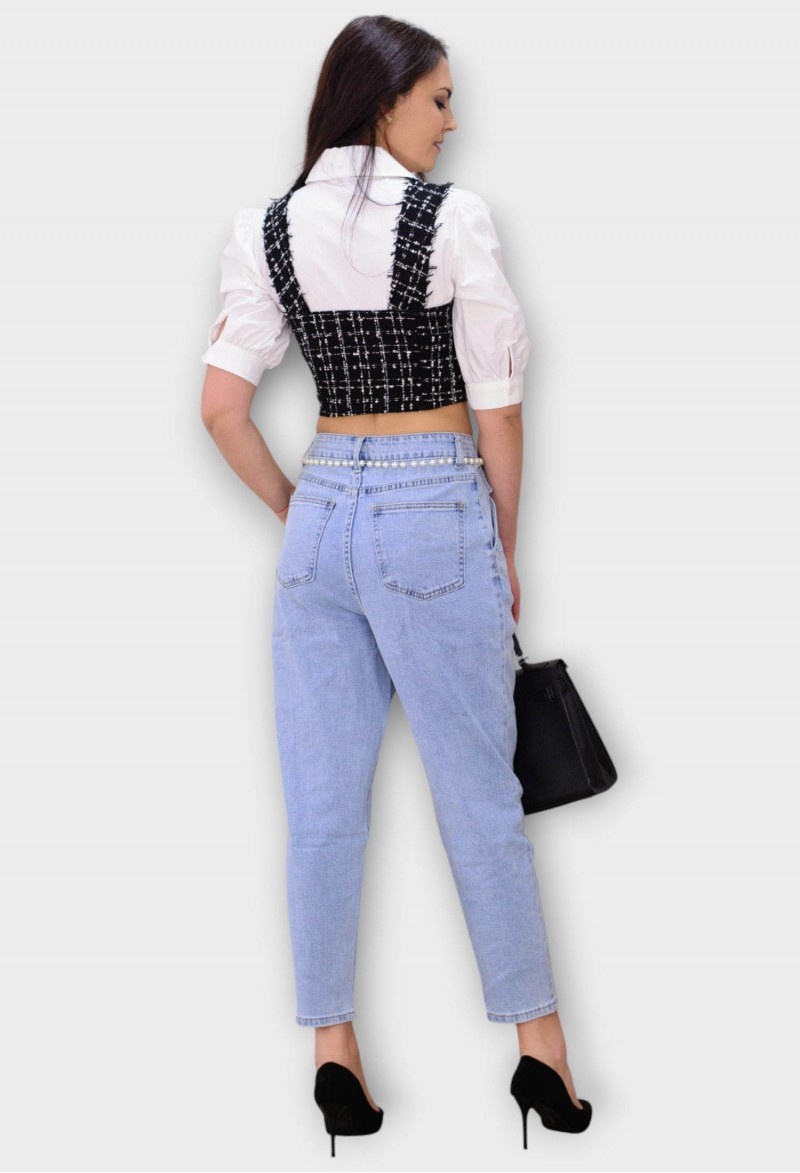 Blugi Albastri Mom Fit cu Talie Inalta si Curea din Perle