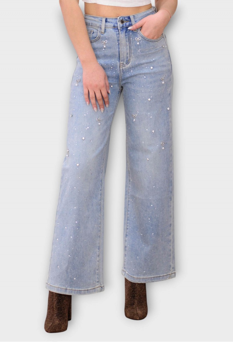 Blugi Albastri Wide Leg cu Talie Inalta si Cristale