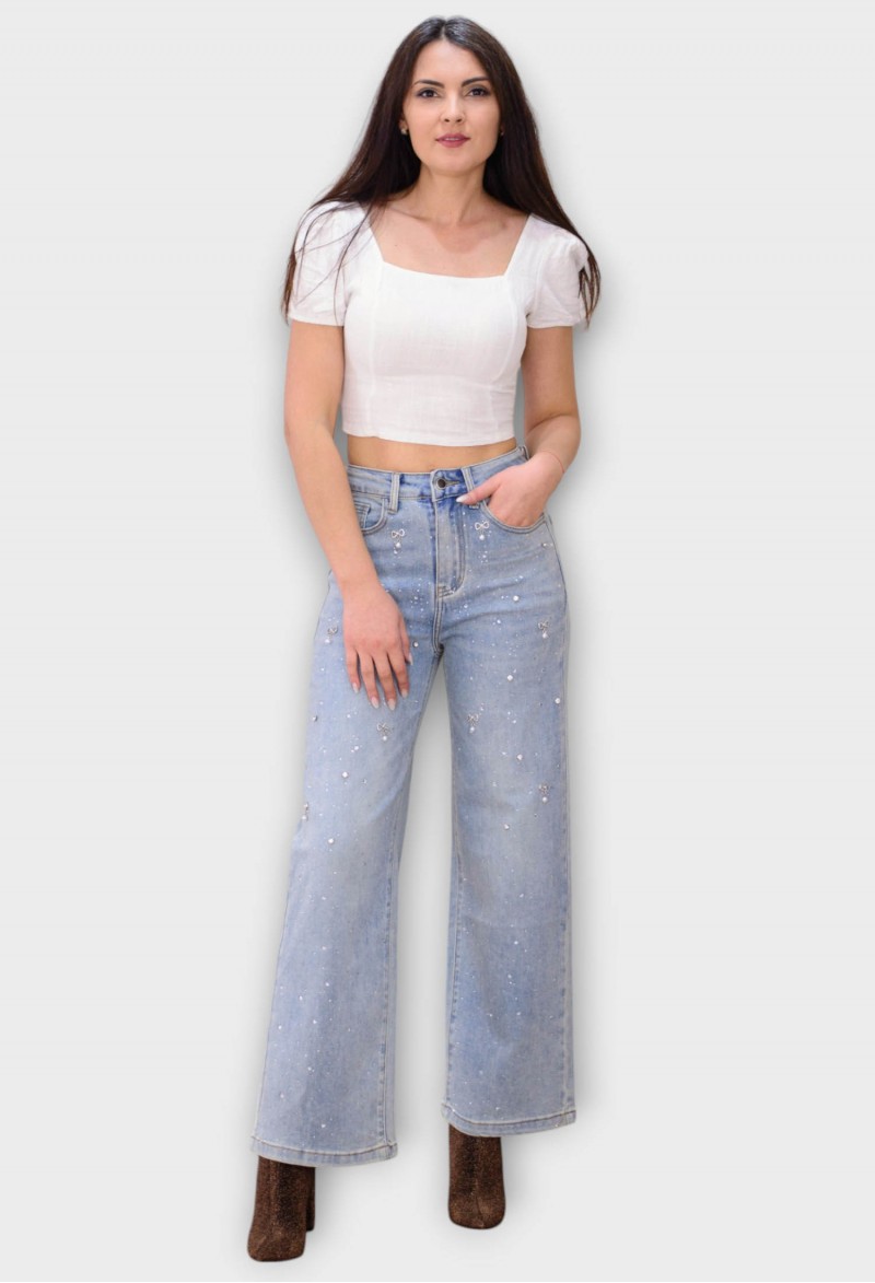 Blugi Albastri Wide Leg cu Talie Inalta si Cristale