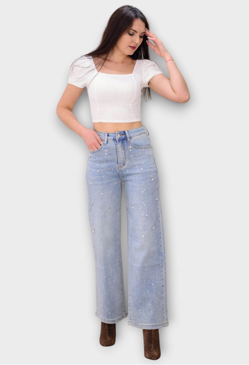 Blugi Albastri Wide Leg cu Talie Inalta si Cristale