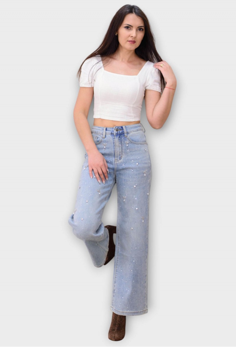 Blugi Albastri Wide Leg cu Talie Inalta si Cristale