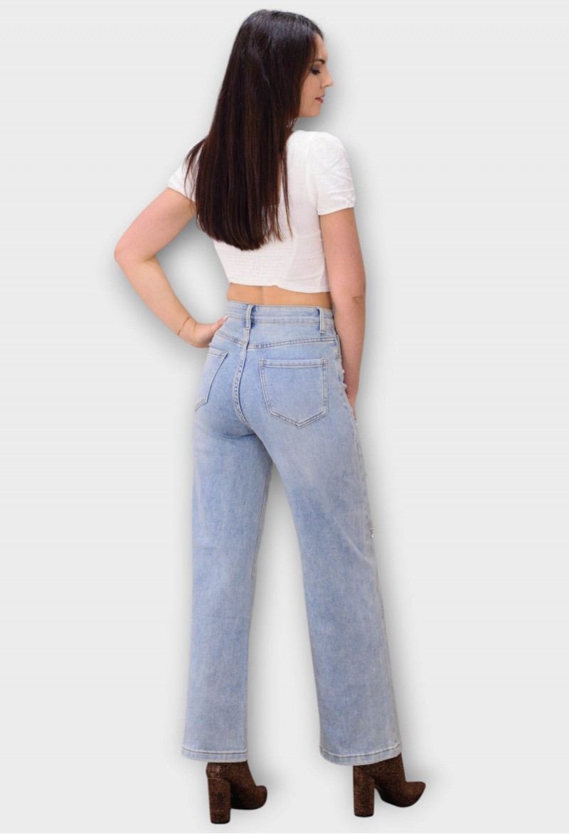 Blugi Albastri Wide Leg cu Talie Inalta si Cristale