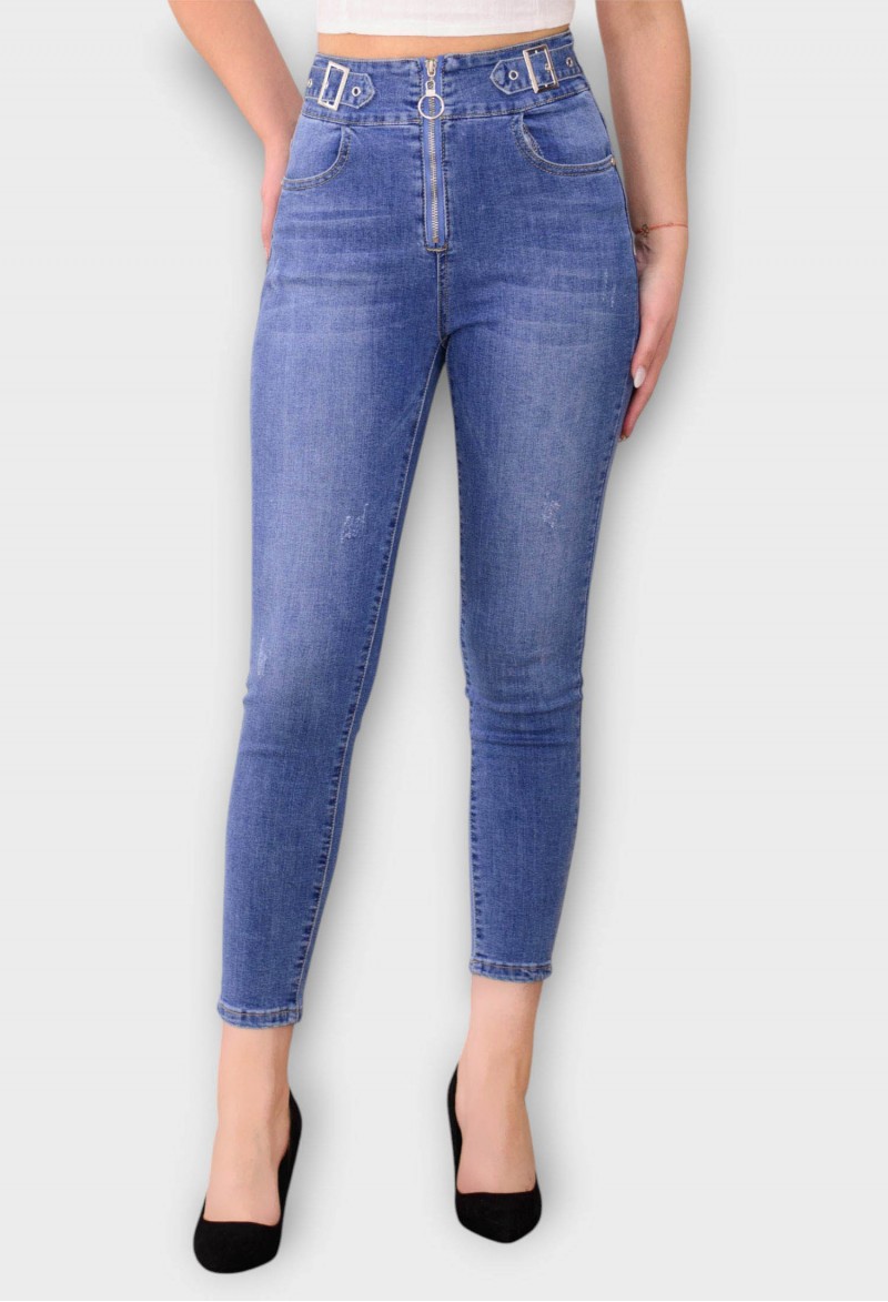 Blugi Albastri Skinny cu Talie Inalta si Fermoar
