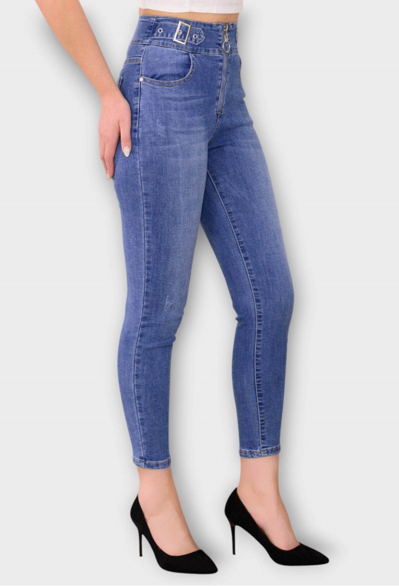 Blugi Albastri Skinny cu Talie Inalta si Fermoar