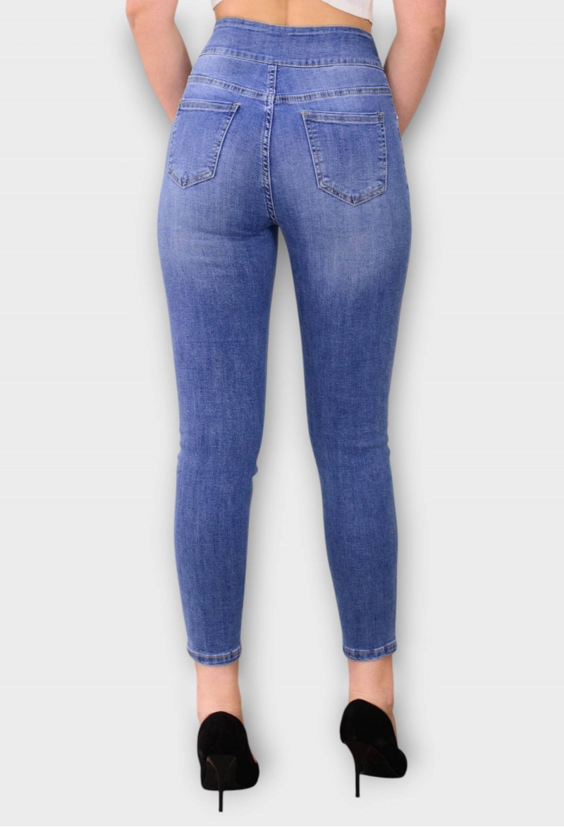 Blugi Albastri Skinny cu Talie Inalta si Fermoar