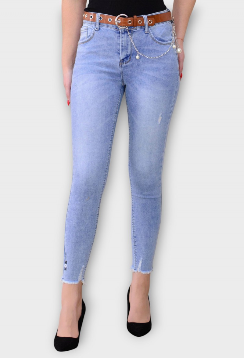 Blugi Albastri Skinny cu Talie Inalta si Curea