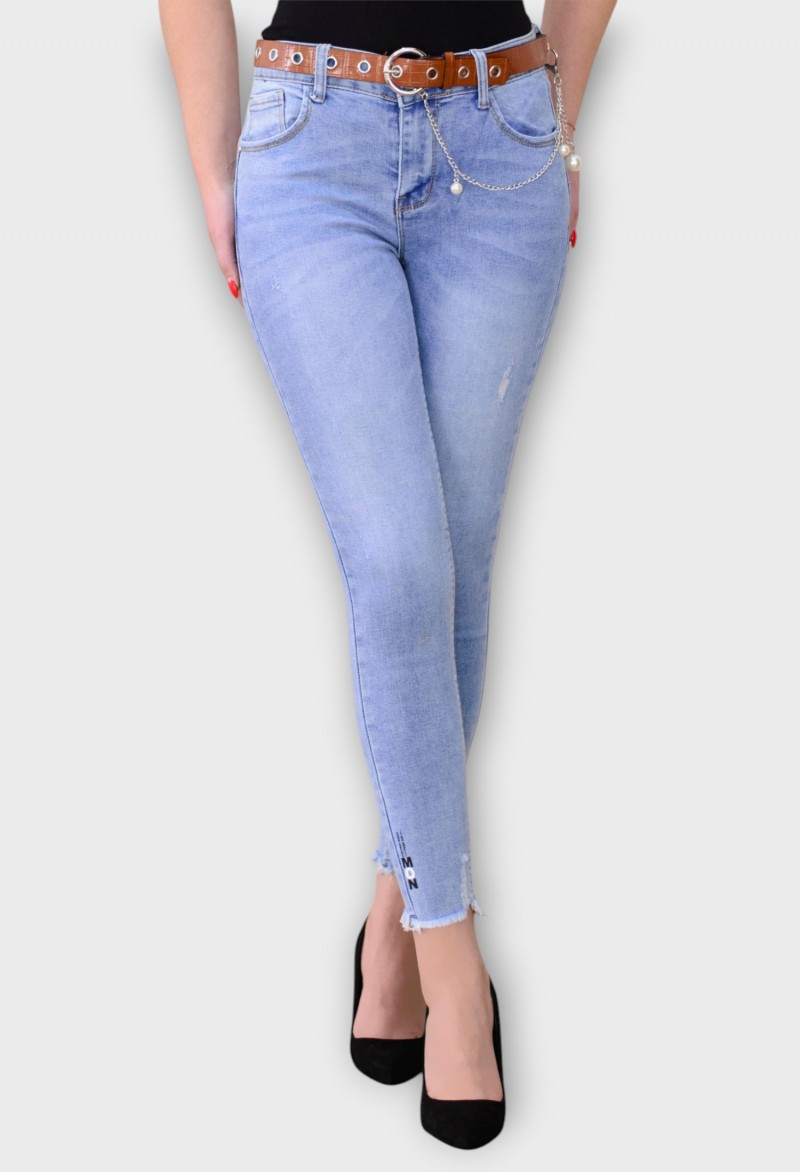 Blugi Albastri Skinny cu Talie Inalta si Curea
