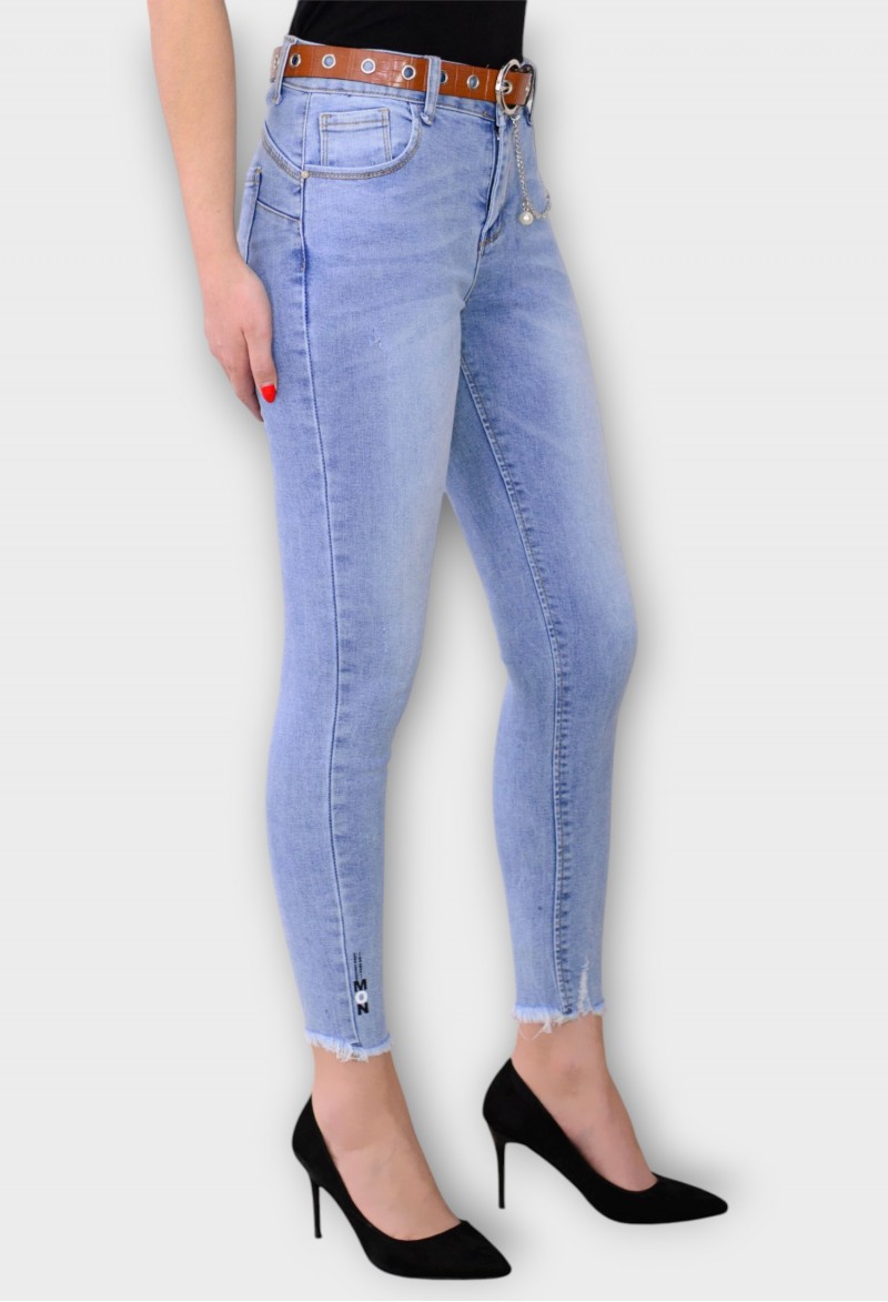 Blugi Albastri Skinny cu Talie Inalta si Curea