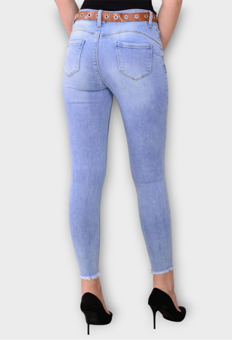 Blugi Albastri Skinny cu Talie Inalta si Curea
