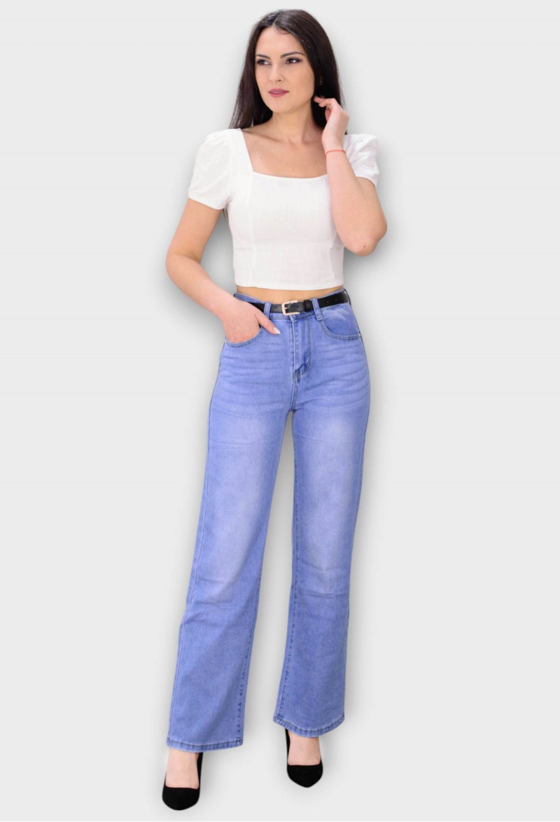 Blugi Albastri Wide Leg cu Talie Inalta si Curea 