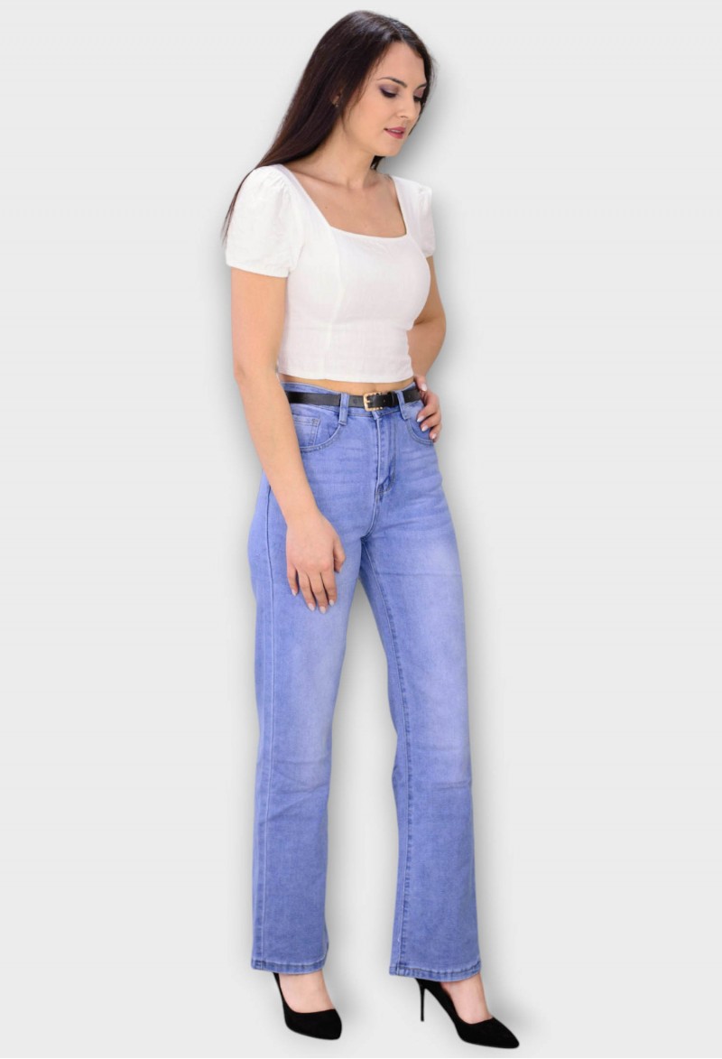 Blugi Albastri Wide Leg cu Talie Inalta si Curea 