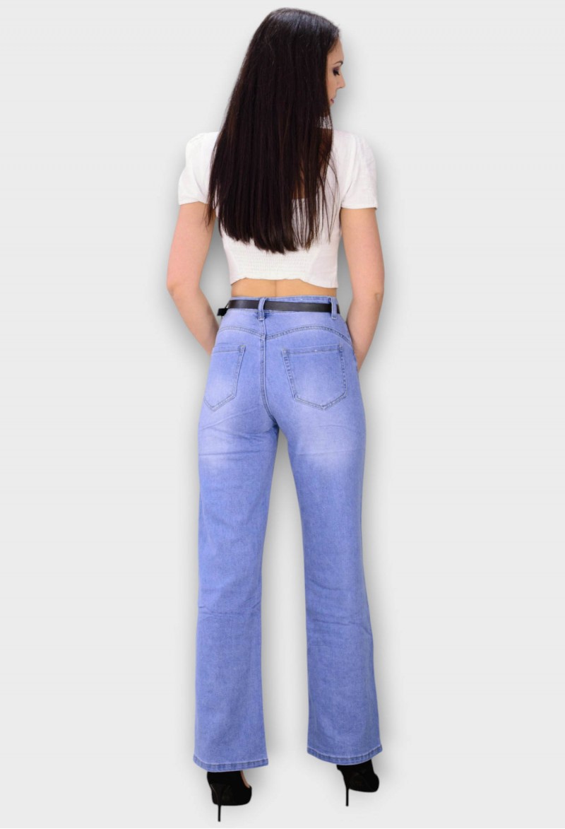 Blugi Albastri Wide Leg cu Talie Inalta si Curea 
