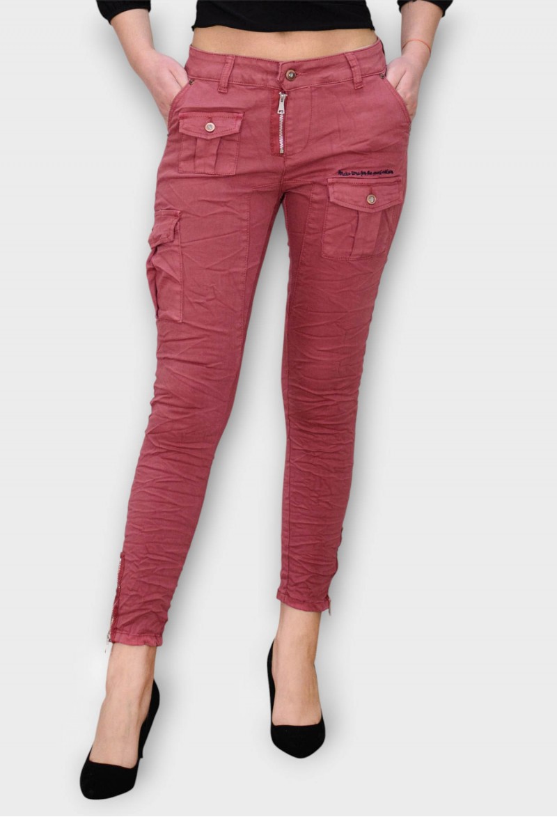 Blugi Caramizii Skinny cu Talie Joasa si Buzunare Aplicate
