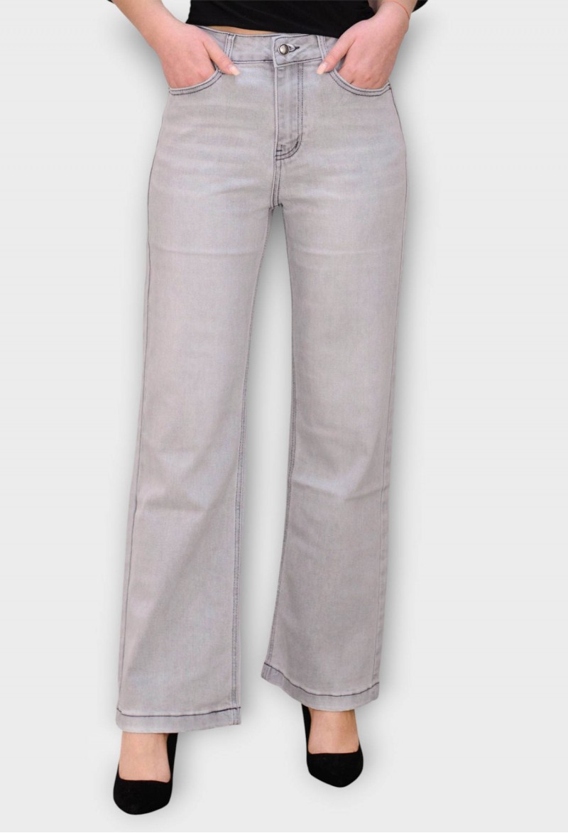 Blugi Gri Wide Leg cu Talie Inalta