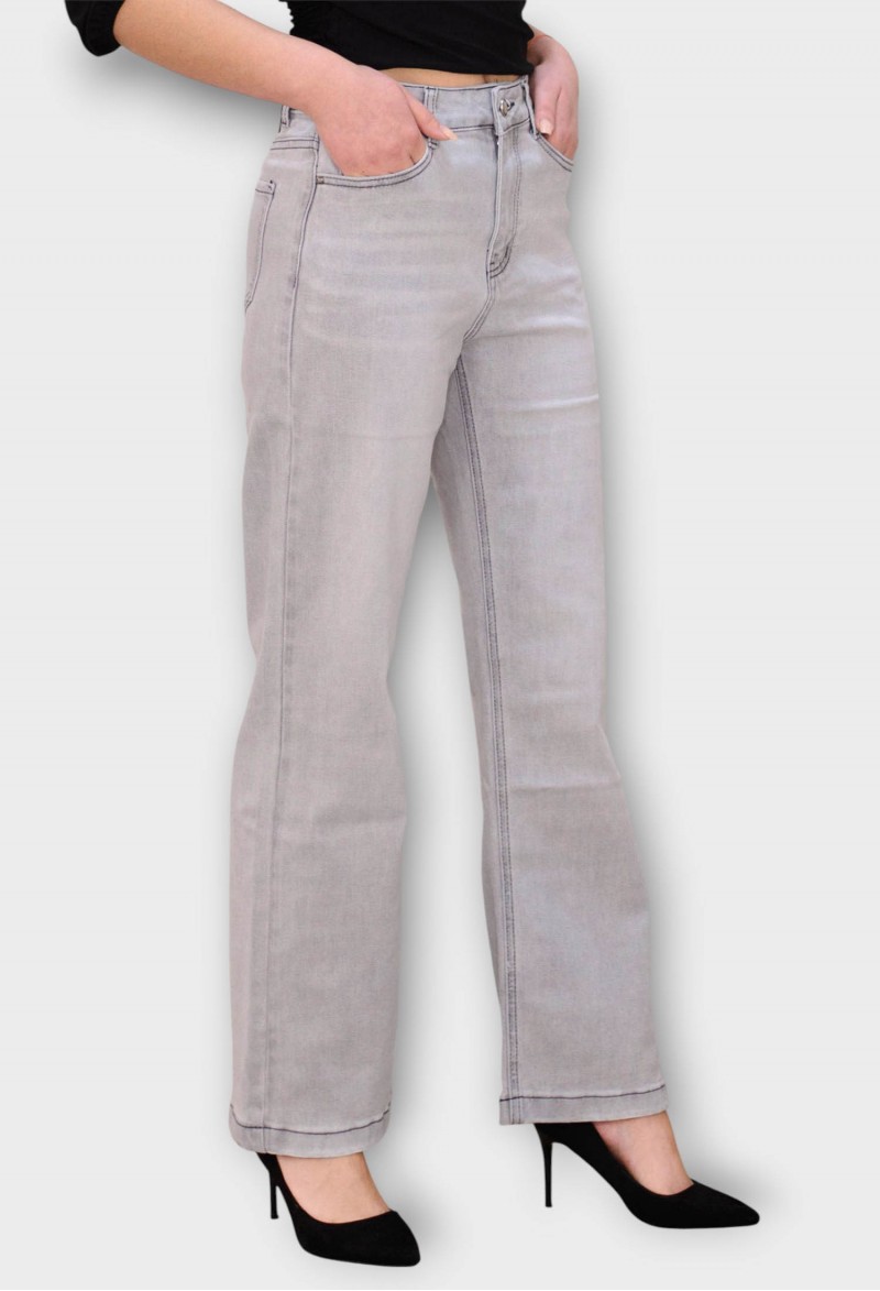 Blugi Gri Wide Leg cu Talie Inalta