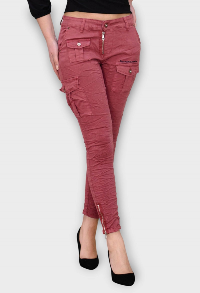 Blugi Caramizii Skinny cu Talie Joasa si Buzunare Aplicate