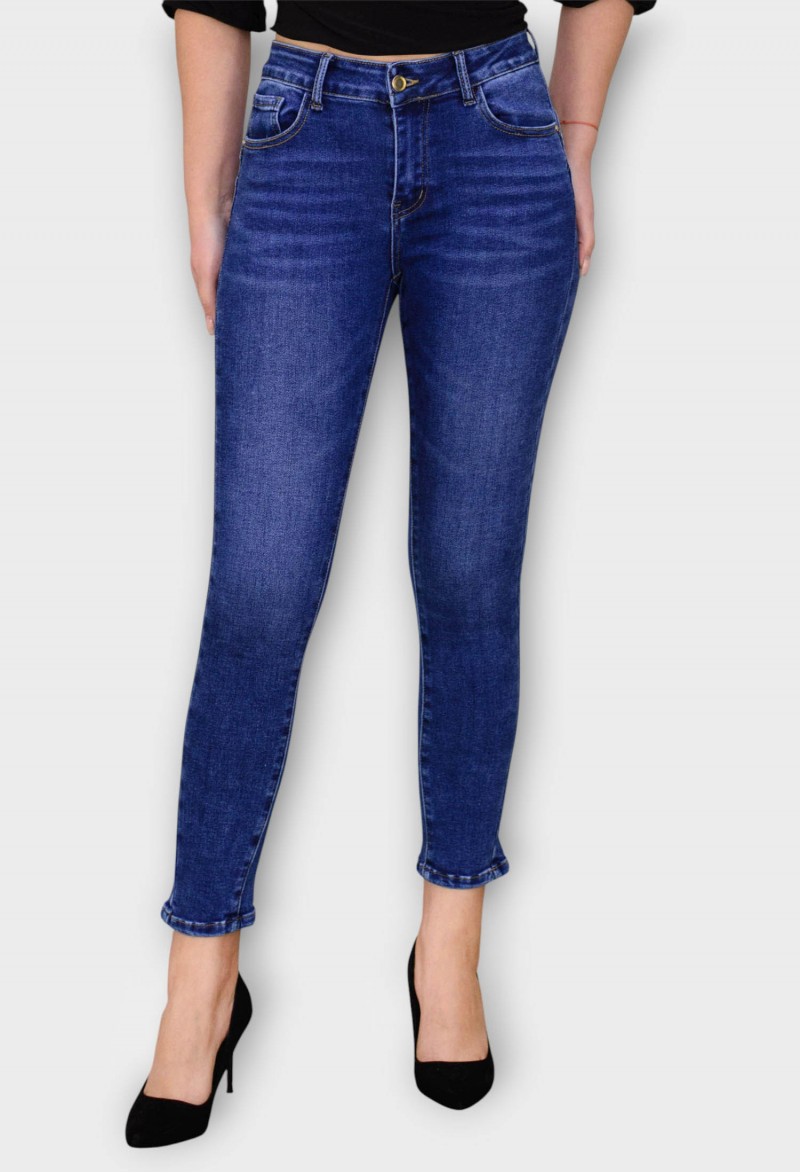 Blugi Bleumarin Skinny cu Talie Inalta si Tiv Despicat