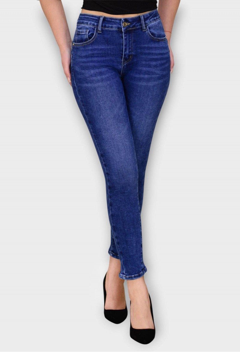 Blugi Bleumarin Skinny cu Talie Inalta si Tiv Despicat