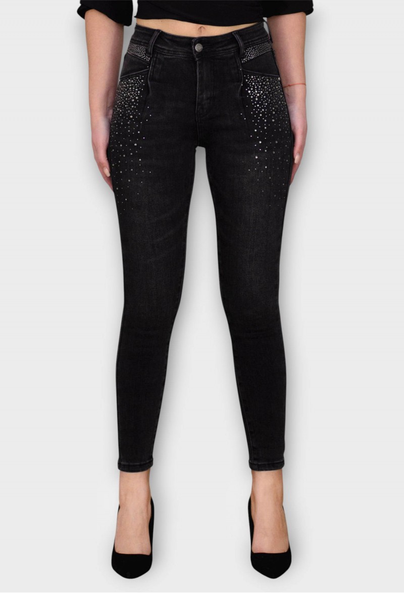 Blugi Negri Skinny cu Talie Inalta si Cristale Aplicate