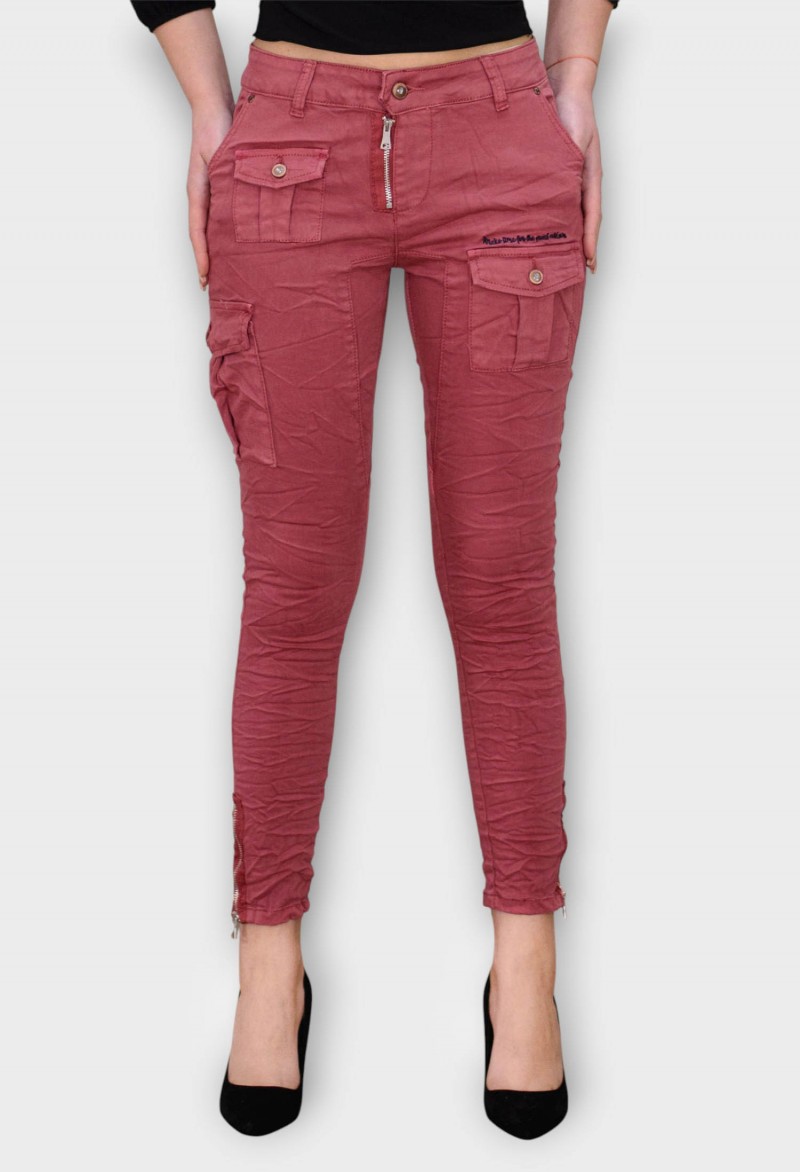 Blugi Caramizii Skinny cu Talie Joasa si Buzunare Aplicate