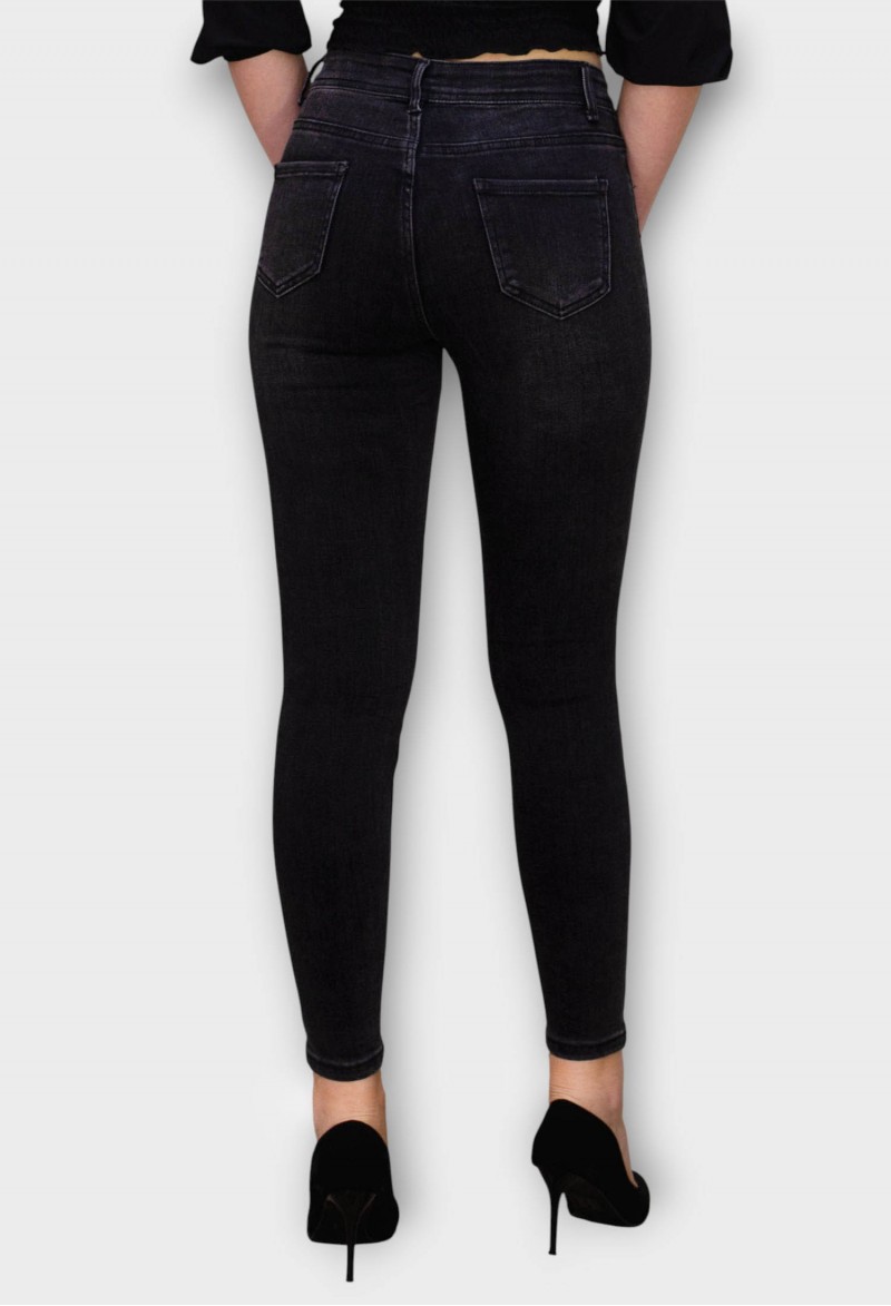 Blugi Negri Skinny cu Talie Inalta si Cristale Aplicate
