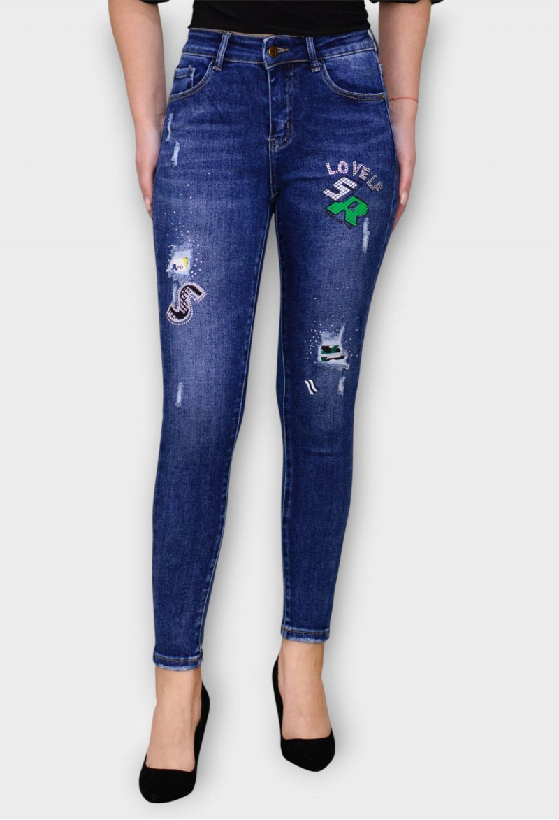 Blugi Bleumarin Skinny cu Imprimeuri si Cristale Aplicate
