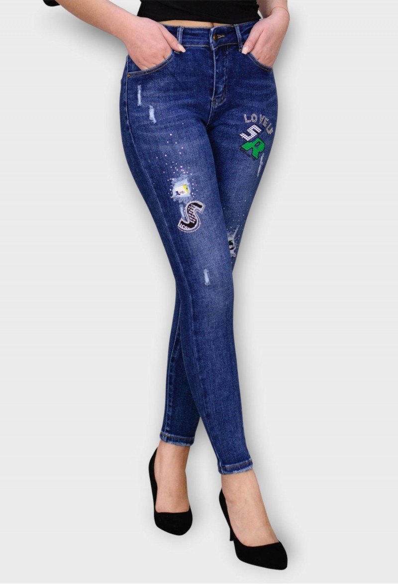Blugi Bleumarin Skinny cu Imprimeuri si Cristale Aplicate