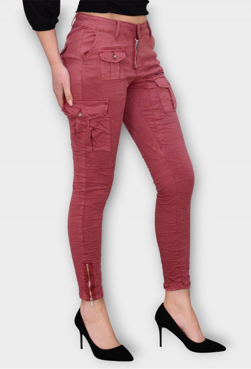 Blugi Caramizii Skinny cu Talie Joasa si Buzunare Aplicate