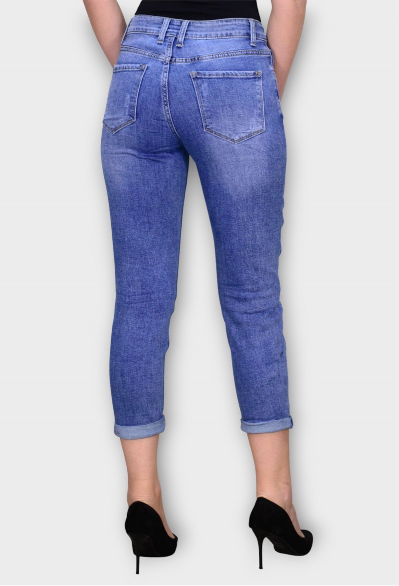 Blugi Albastri Mom Fit cu Talie Inalta si Broderie
