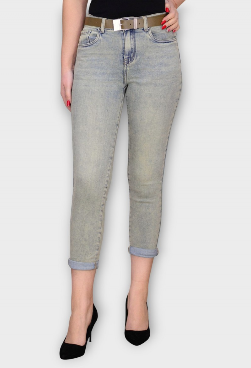 Blugi Gri Mom Fit cu Talie Inalta si Curea