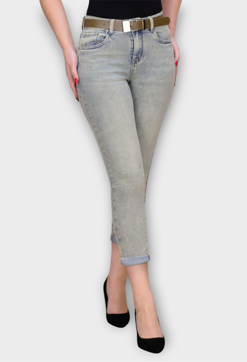 Blugi Gri Mom Fit cu Talie Inalta si Curea