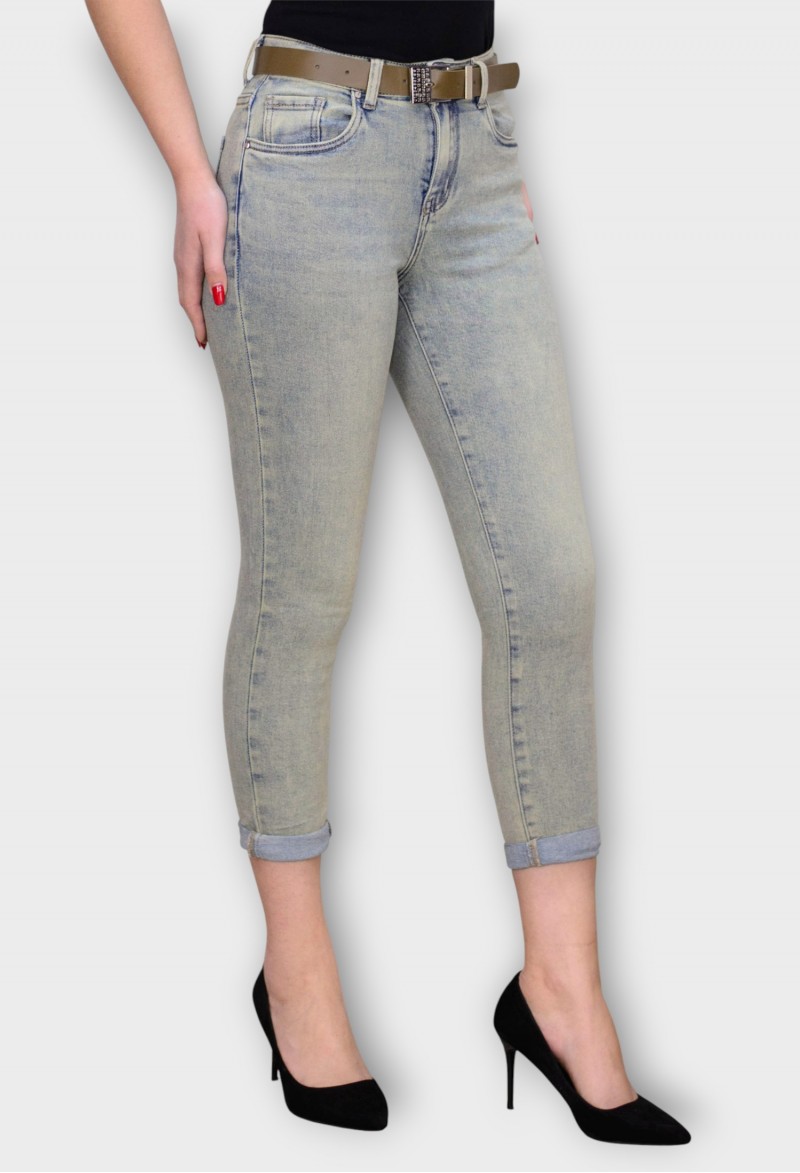 Blugi Gri Mom Fit cu Talie Inalta si Curea