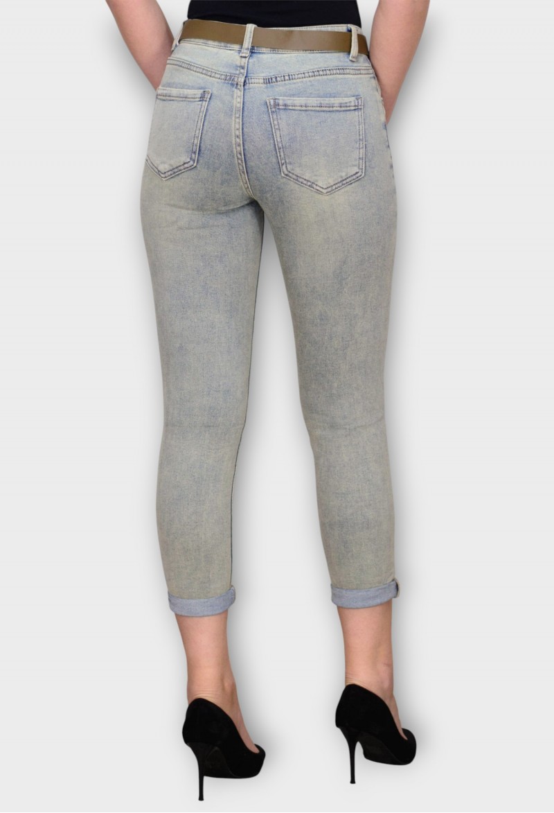 Blugi Gri Mom Fit cu Talie Inalta si Curea