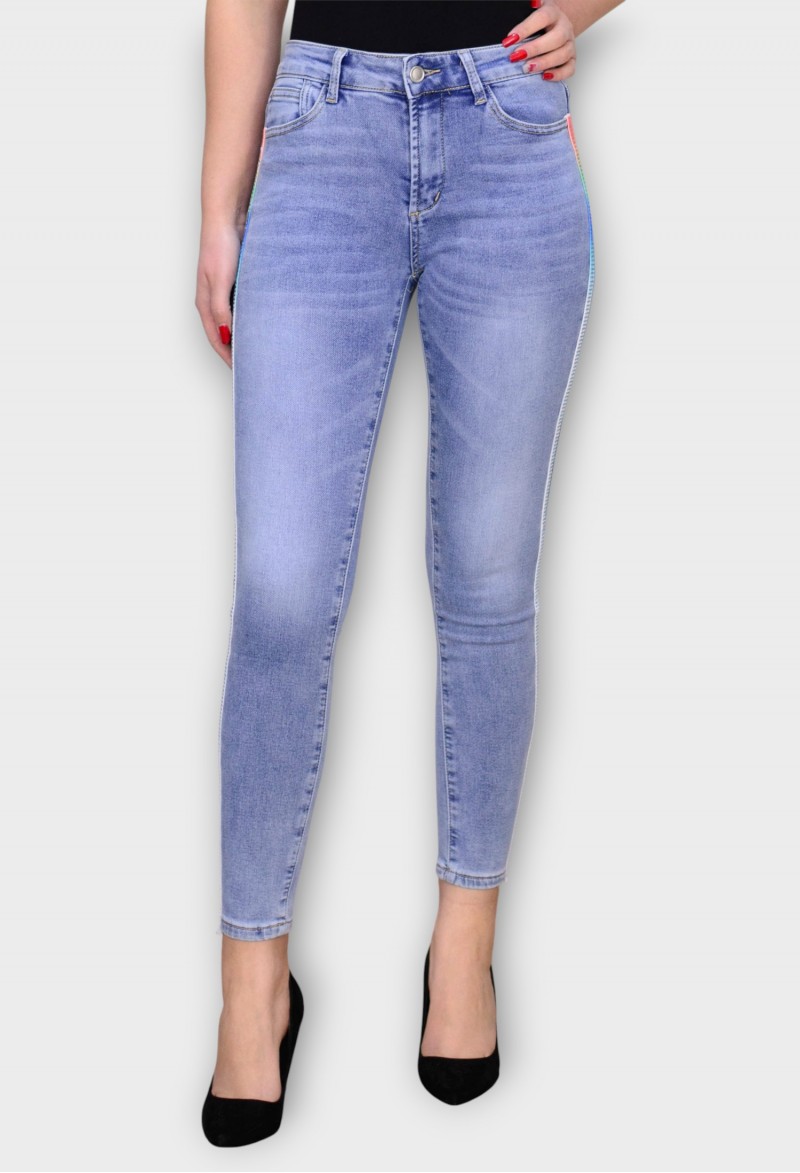 Blugi Albastri Skinny cu Talie Inalta si Dunga Laterala Multicolora