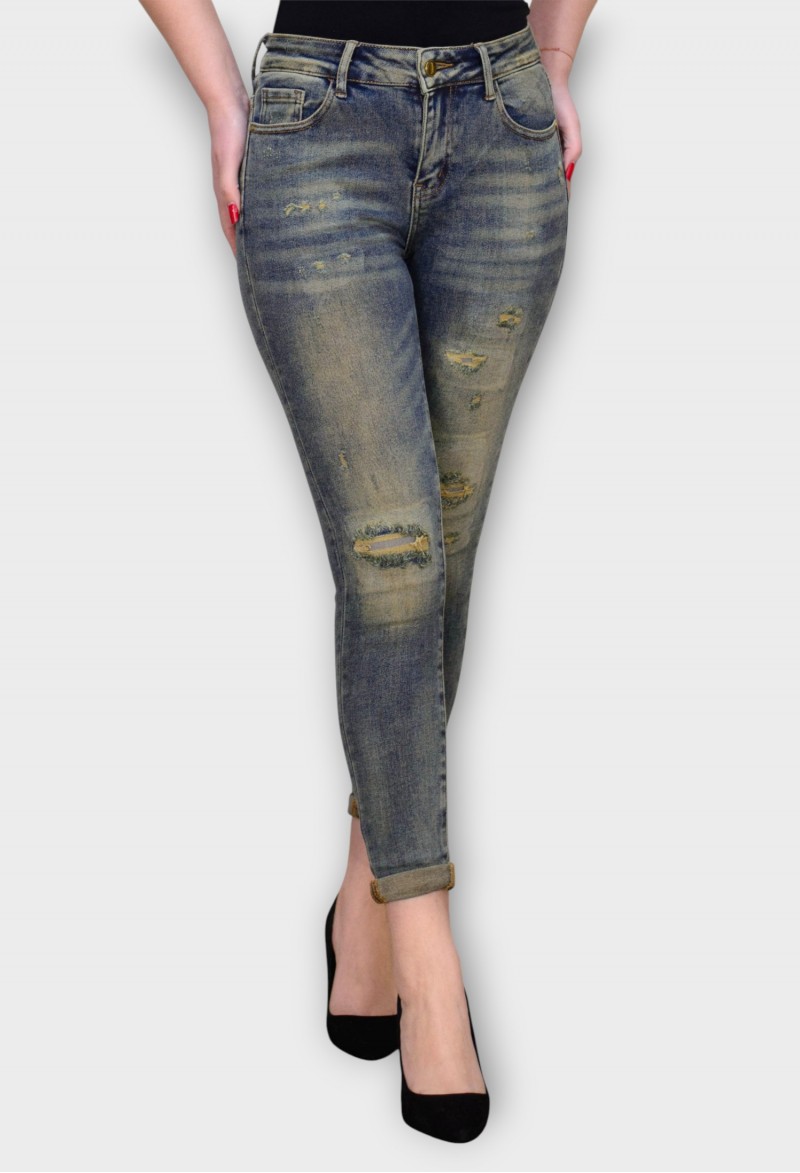 Blugi Bleumarin Skinny Decolorati cu Talie Inalta si Rupturi