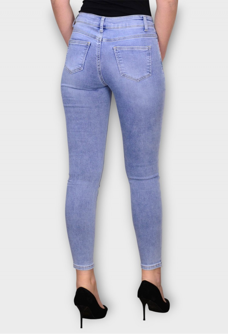 Blugi Albastri Skinny cu Talie Inalta si Dunga Laterala Multicolora