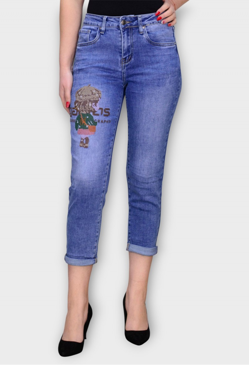 Blugi Albastri Mom Fit cu Talie Inalta si Broderie
