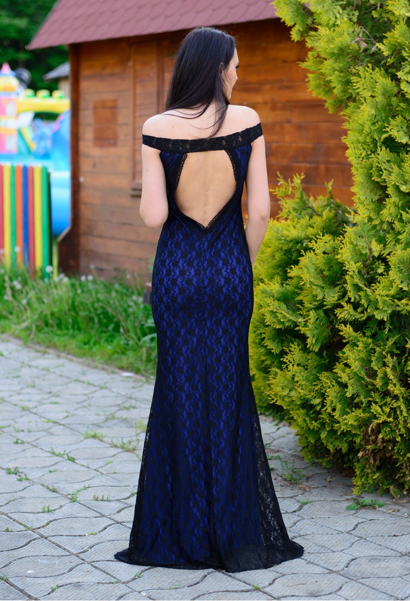 Rochie bleumarin lunga tip sirena cu dantela neagra