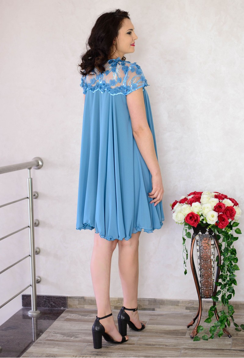 Rochie Ella Collection Scurta din Voal cu Dantela Albastra