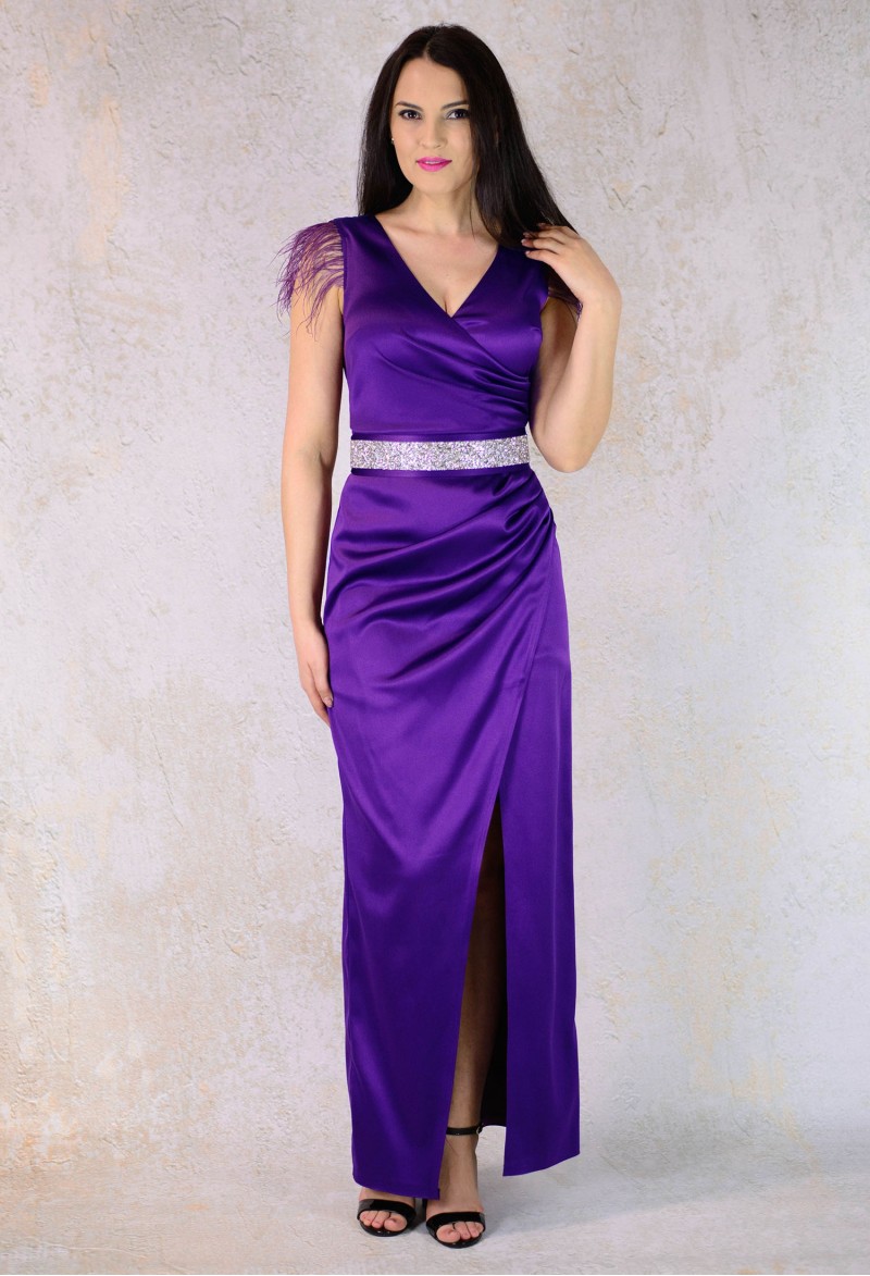 Rochie Ella Collection Lunga din Tafta si Pene Violet
