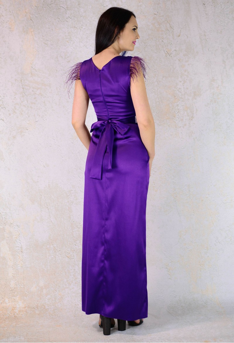 Rochie Ella Collection Lunga din Tafta si Pene Violet