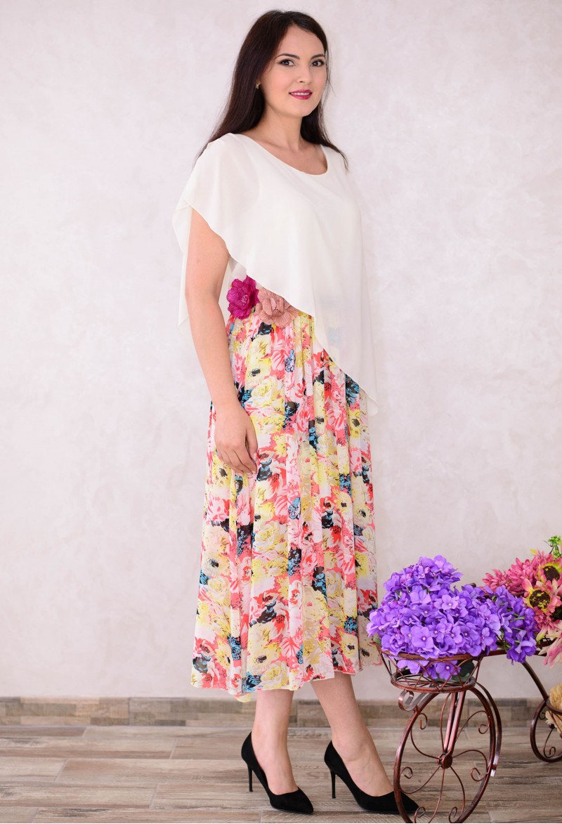 Rochie crem midi cu imprimeu multicolor
