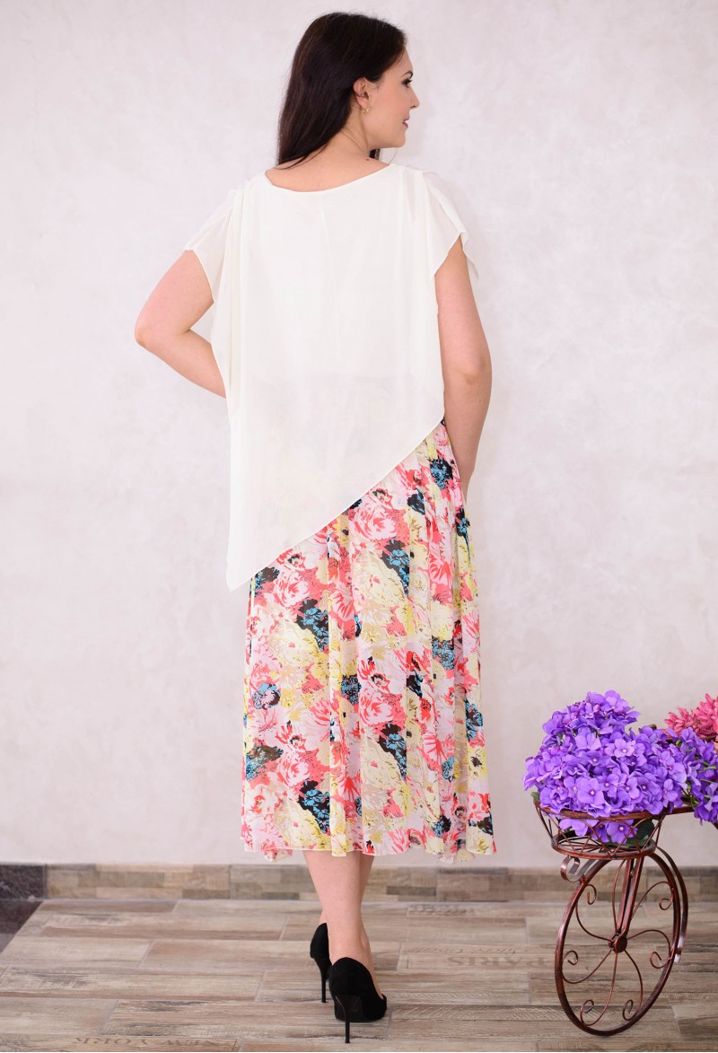 Rochie crem midi cu imprimeu multicolor