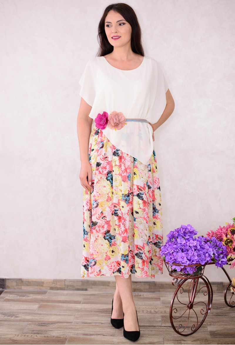 Rochie crem midi cu imprimeu multicolor