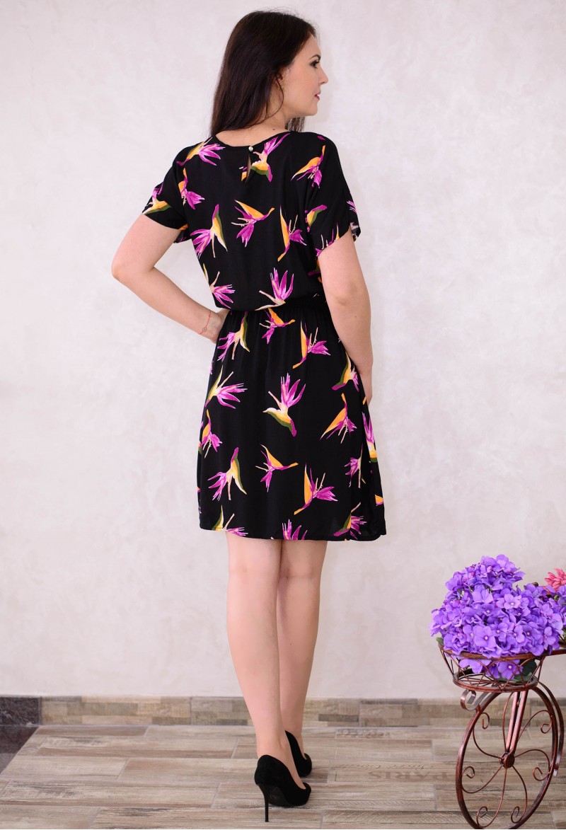 Rochie neagra scurta cu imprimeu floral mov si portocaliu
