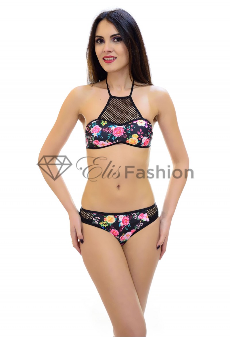 Costum de Baie Spelling Flowers Black