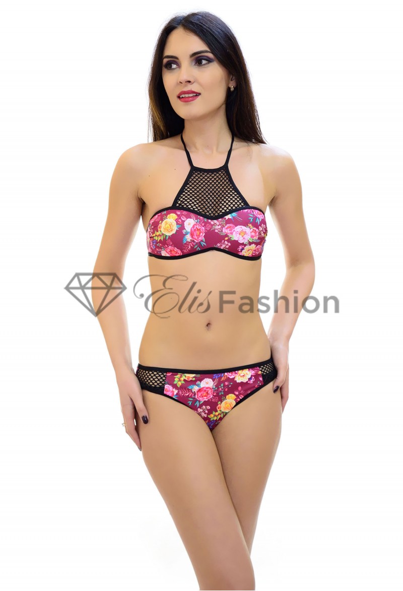 Costum de Baie Spelling Flowers Burgundy